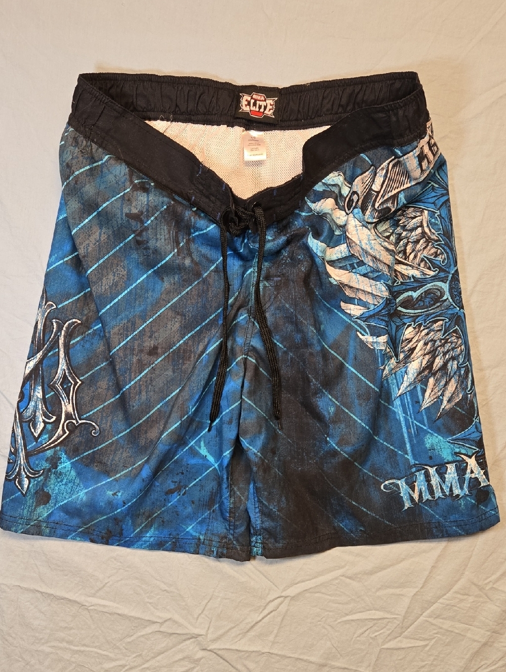 MMA Elite Full Graphic AOP Swim/Board Shorts Vintage Y2K Blue, Black And Gray